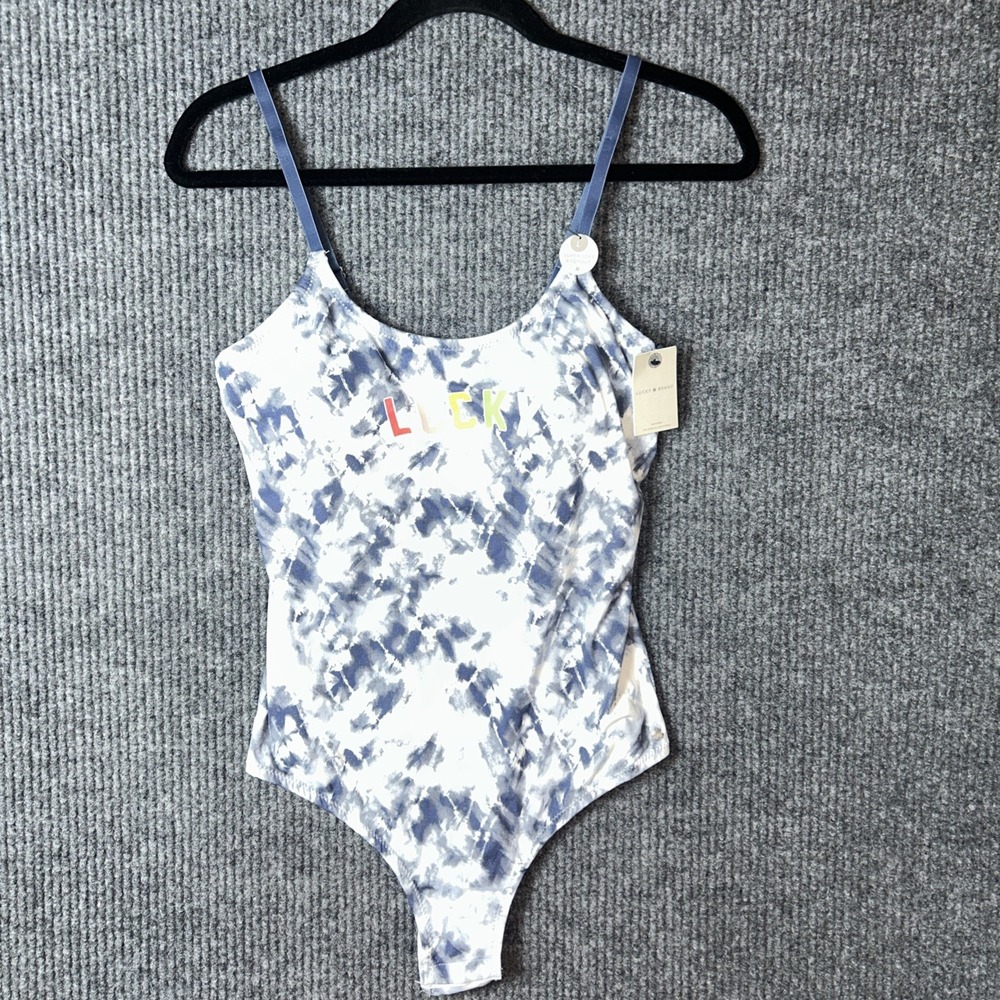 Lucky Brand Super Soft Tie Dye Bodysuit Padded Blue White L NWT $72 LVD03140